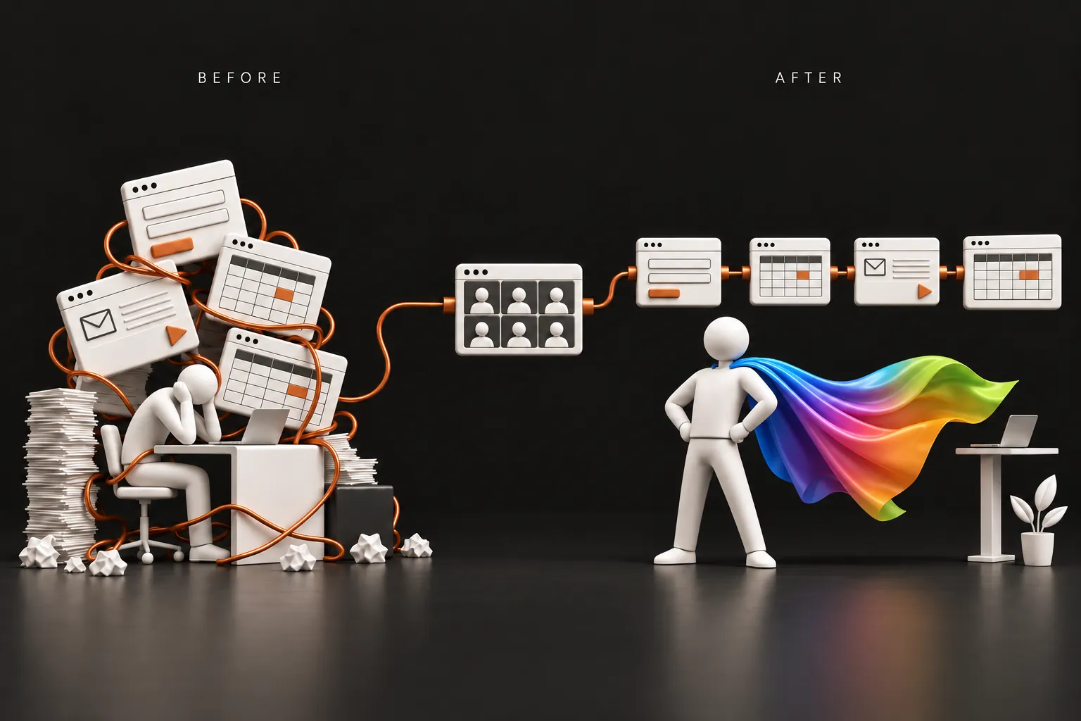 Before: a person slumped at a desk, buried under a tangled pile of forms, calendars and emails. In the middle: an online class on a video call. After: the same person standing tall in a superhero cape in the Microsoft 365 colours, the same windows now in one neat row joined by a copper cable.